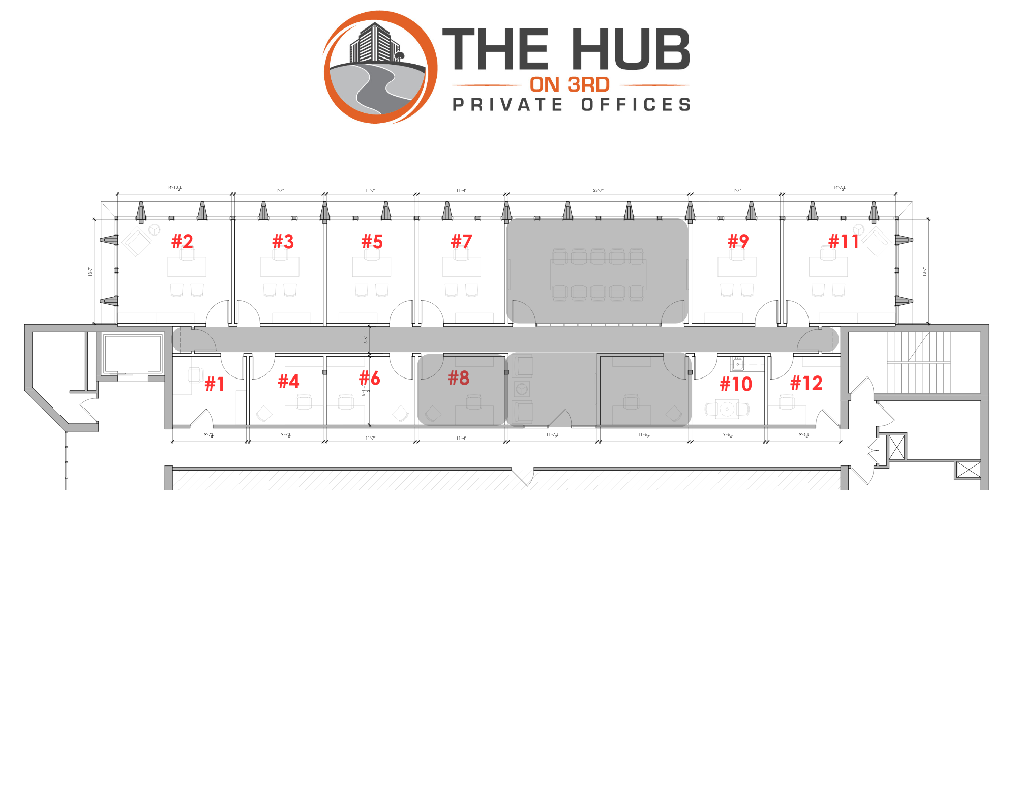 The Hub on 3rd — branded second floor plan with offices #1 through #12 in red, plus conference room and common area shown in gray