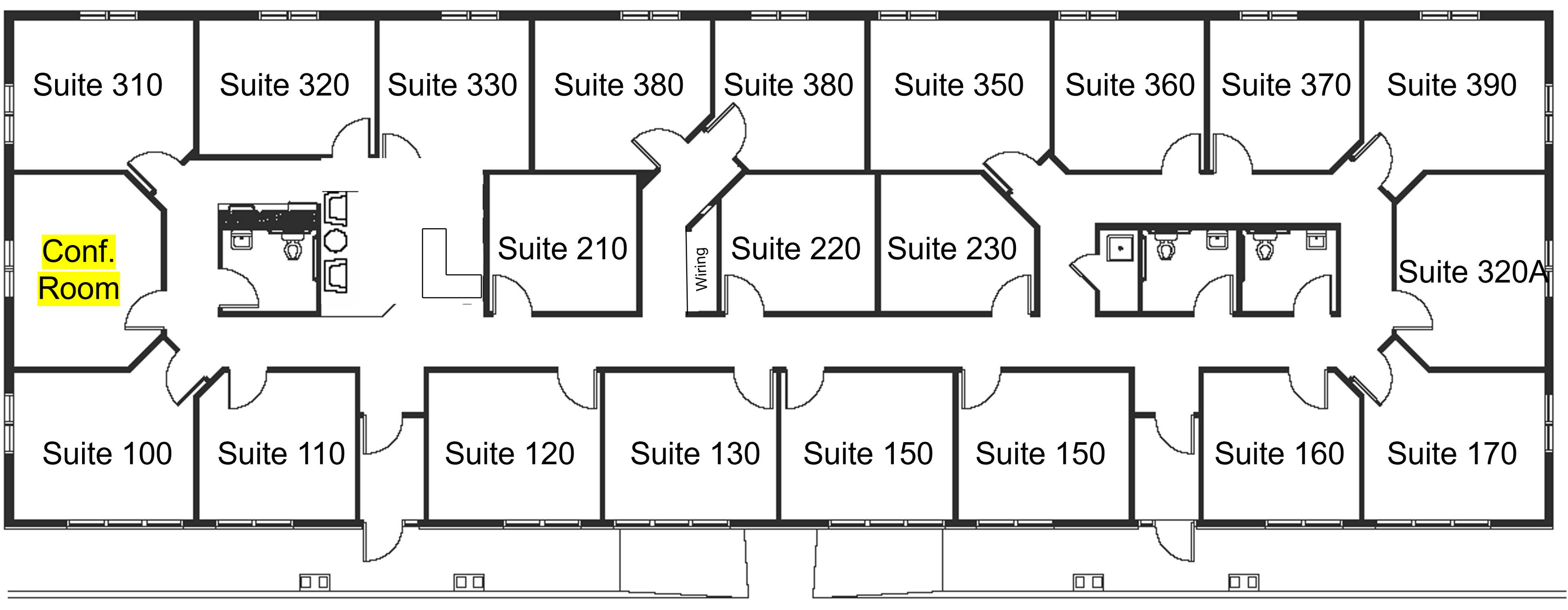 Rochester Executive Suites — 3265 building floor plan with suites labeled (100–390) and conference room