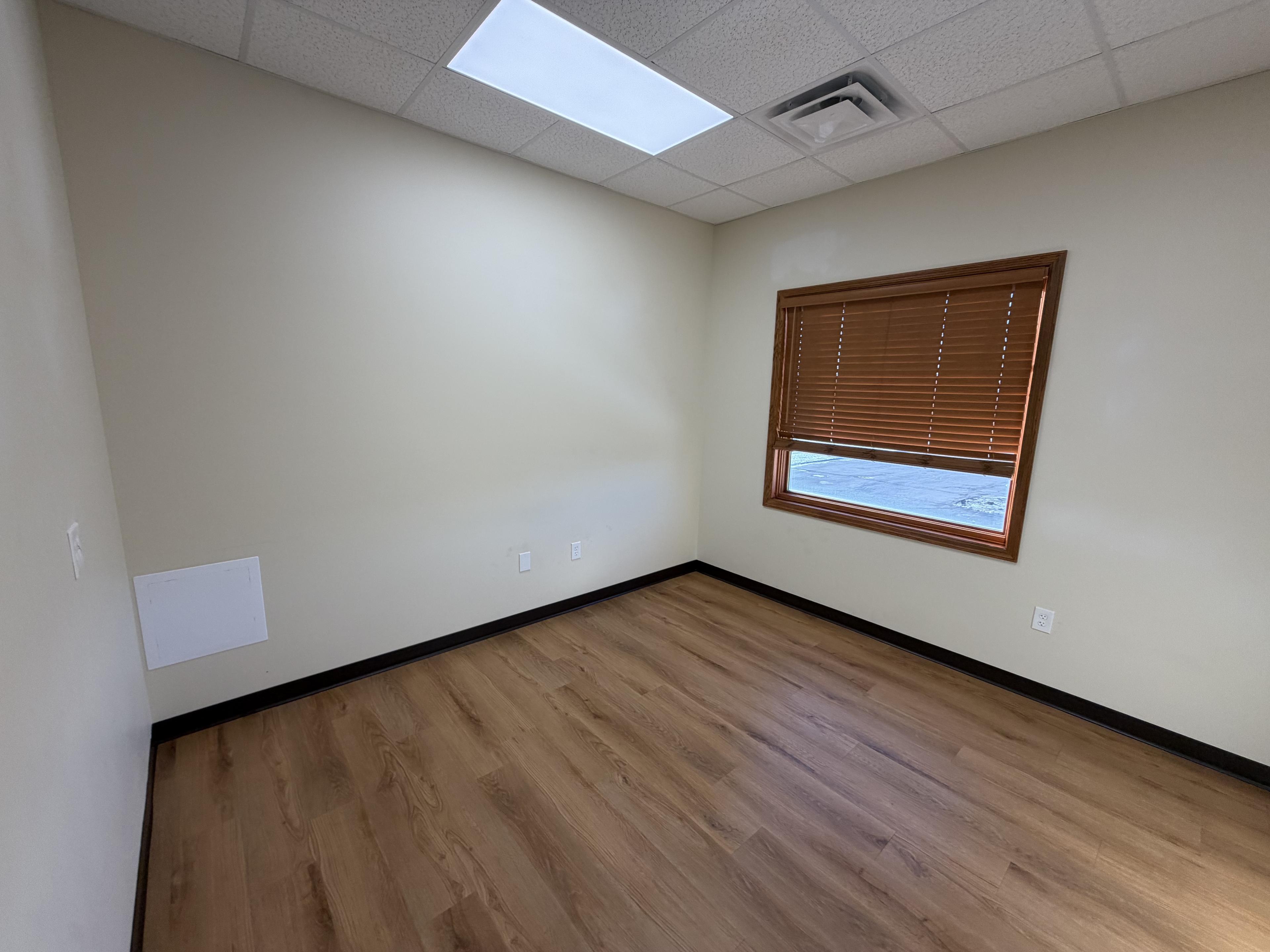 Suite 370 — bright private office with window and wood-look vinyl plank flooring at Rochester Executive Suites