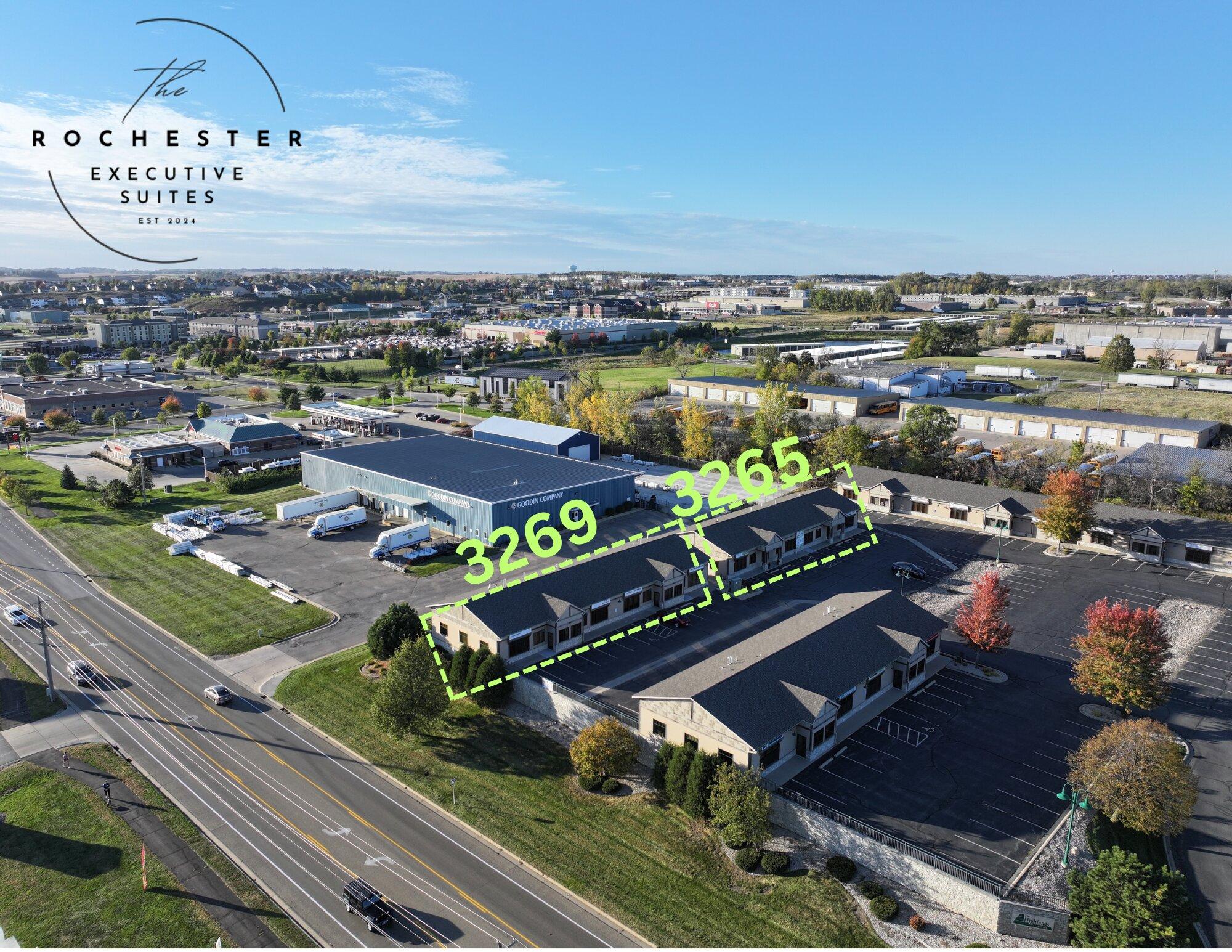 Aerial view of Rochester Executive Suites with the building labeled